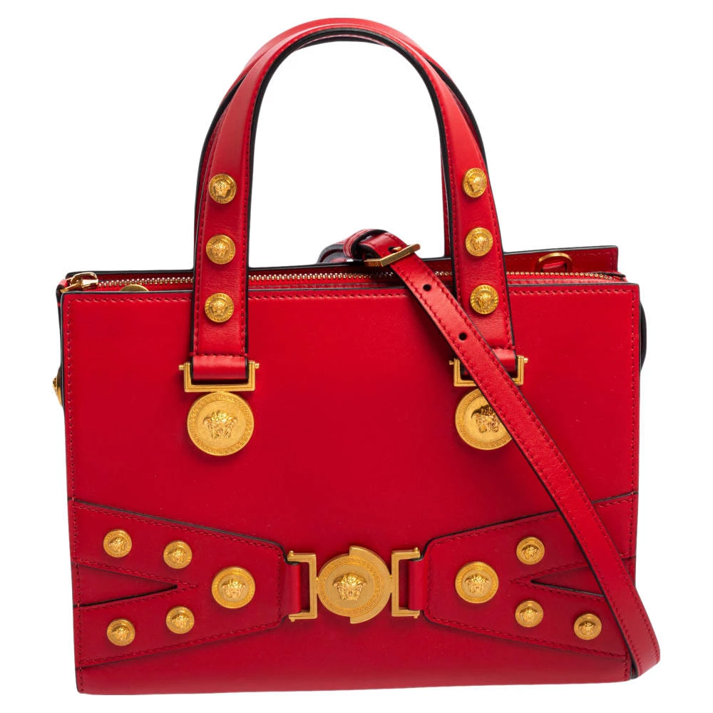 Versace Red Leather Tribute Medusa Studded Zip Tote For Women