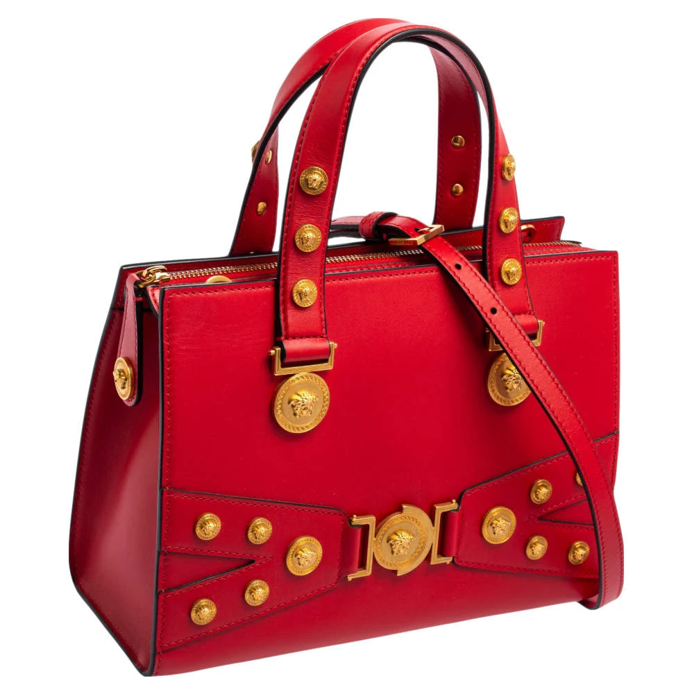 Versace Red Leather Tribute Medusa Studded Zip Tote For Women - Image 3