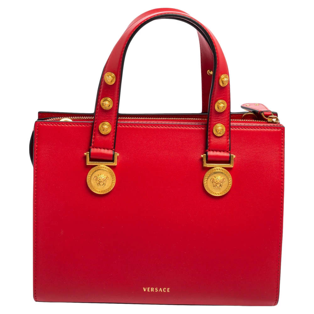 Versace Red Leather Tribute Medusa Studded Zip Tote For Women - Image 4