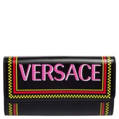 Versace Black Leather Vintage Logo Flap Continental Wallet For Women
