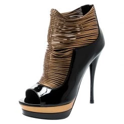 Versace Black/ Metallic Dull Gold Patent Leather Peep Toe Platform Cage Ankle Booties Size 41 For Women