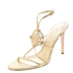 Versace Metallic Gold Leather Crystal Studded Medusa Strappy Sandals Size 41 For Women