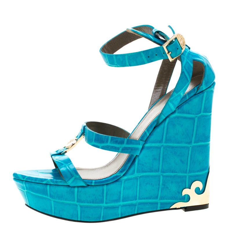 Versace Collection Turquoise Croc Embossed Leather Ankle Strap Wedge Platform Sandals Size 40.5 For Women - Image 2