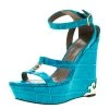 Versace Collection Turquoise Croc Embossed Leather Ankle Strap Wedge Platform Sandals Size 40.5 For Women