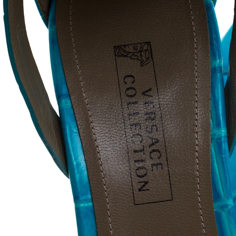 Versace Collection Turquoise Croc Embossed Leather Ankle Strap Wedge Platform Sandals Size 40.5 For Women - Image 7