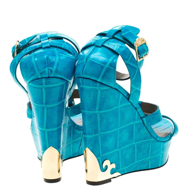 Versace Collection Turquoise Croc Embossed Leather Ankle Strap Wedge Platform Sandals Size 40.5 For Women - Image 5