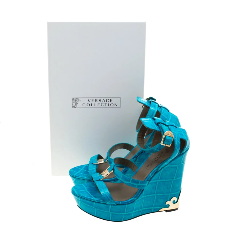 Versace Collection Turquoise Croc Embossed Leather Ankle Strap Wedge Platform Sandals Size 40.5 For Women - Image 8