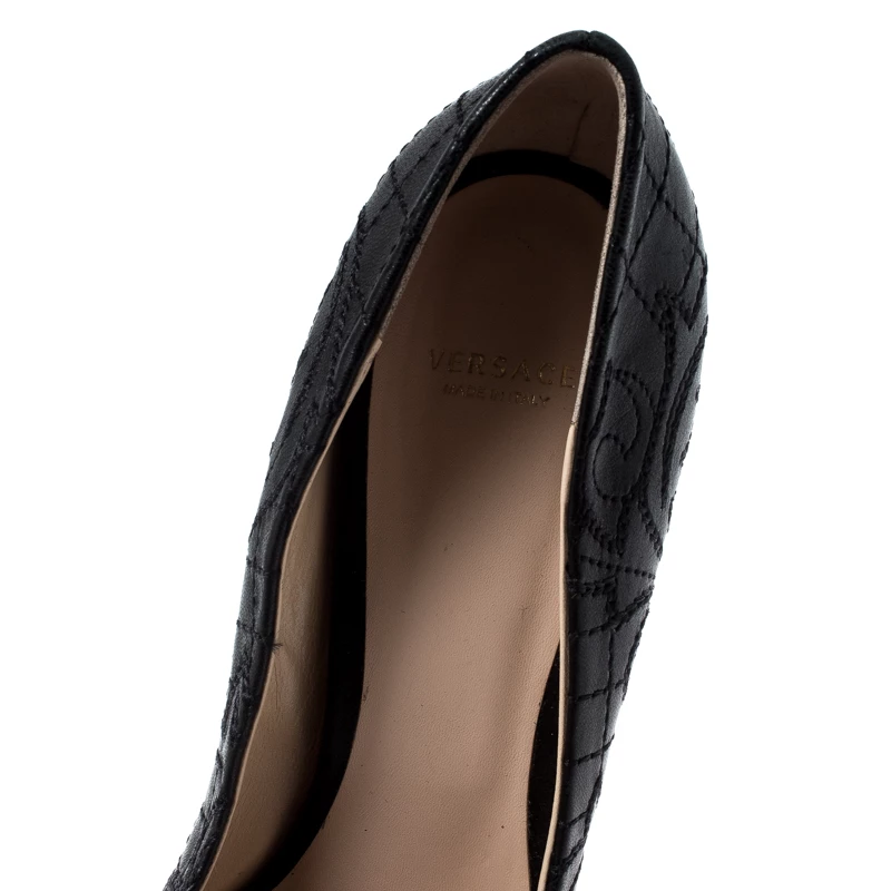 Versace Black Embroidered Leather Peep Toe Platform Pumps Size 40 For Women - Image 7