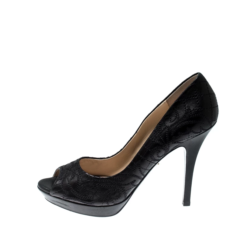 Versace Black Embroidered Leather Peep Toe Platform Pumps Size 40 For Women - Image 2