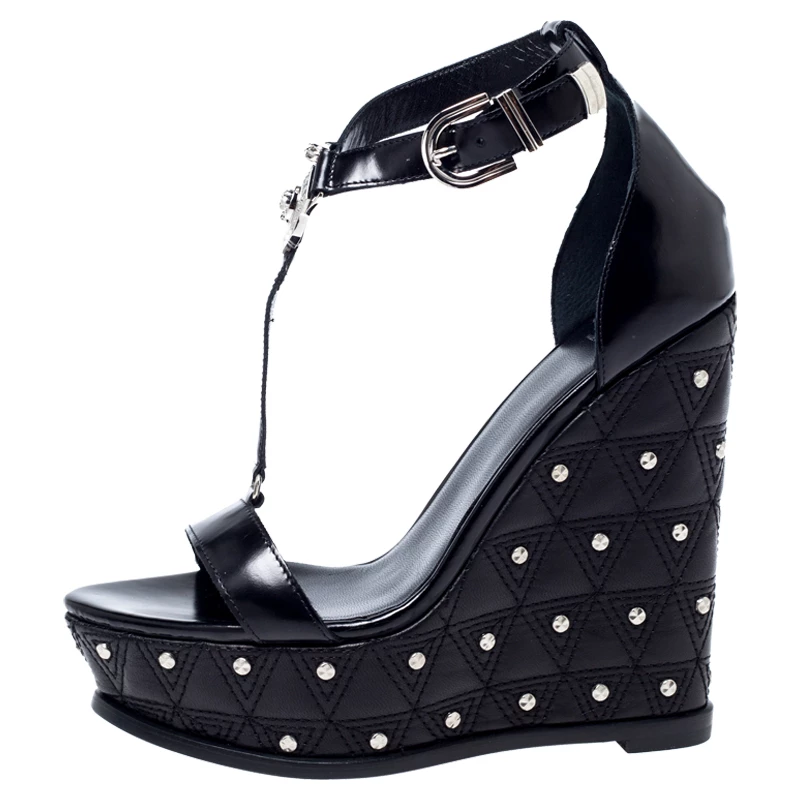 Versace Black Leather T-Strap Quilted Wedge Platform Sandals Size 37.5 For Women - Image 2