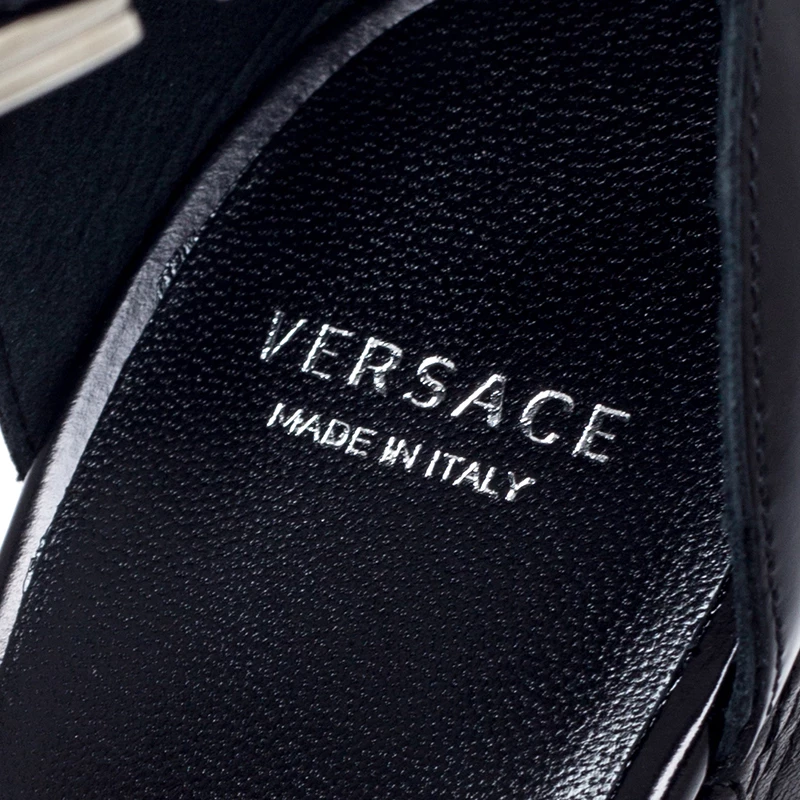 Versace Black Leather T-Strap Quilted Wedge Platform Sandals Size 37.5 For Women - Image 7