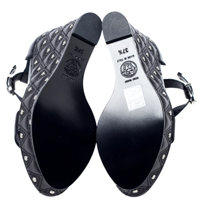 Versace Black Leather T-Strap Quilted Wedge Platform Sandals Size 37.5 For Women - Image 6