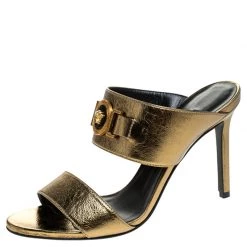 Versace Metallic Gold Leather Icon Medusa Mule Sandals Size 37 For Women