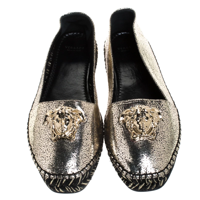 Versace Metallic Gold Medusa Slip On Espadrille Flats Size 37 For Women - Image 3