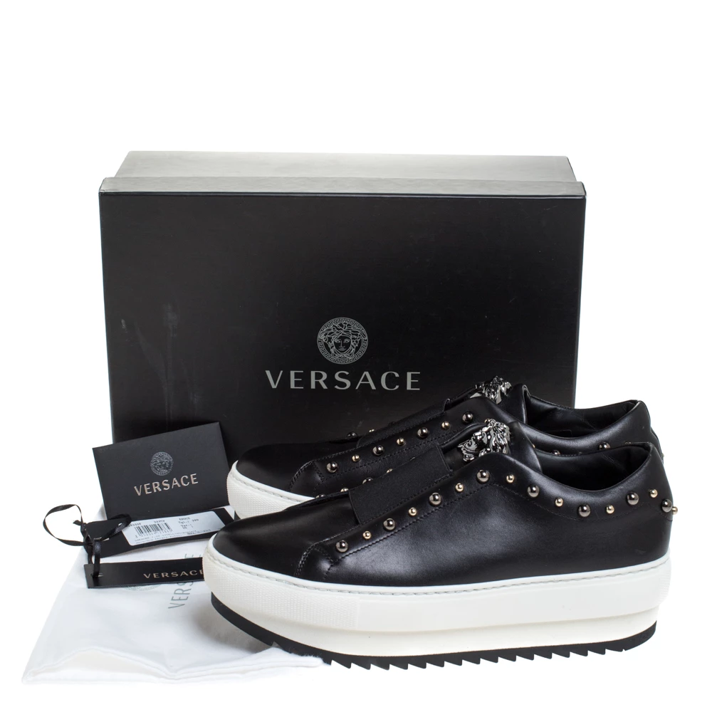Versace Black Studded Leather Medusa City Platform Sneakers Size 39 For Women - Image 8