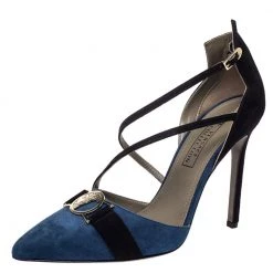 Versace Blue/Black Suede Leather Medusa Strappy Pointed Toe Pumps Size 38 For Women