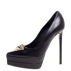 Versace Black Leather Medusa Platform Pointed Toe Pumps Size 38 For Women