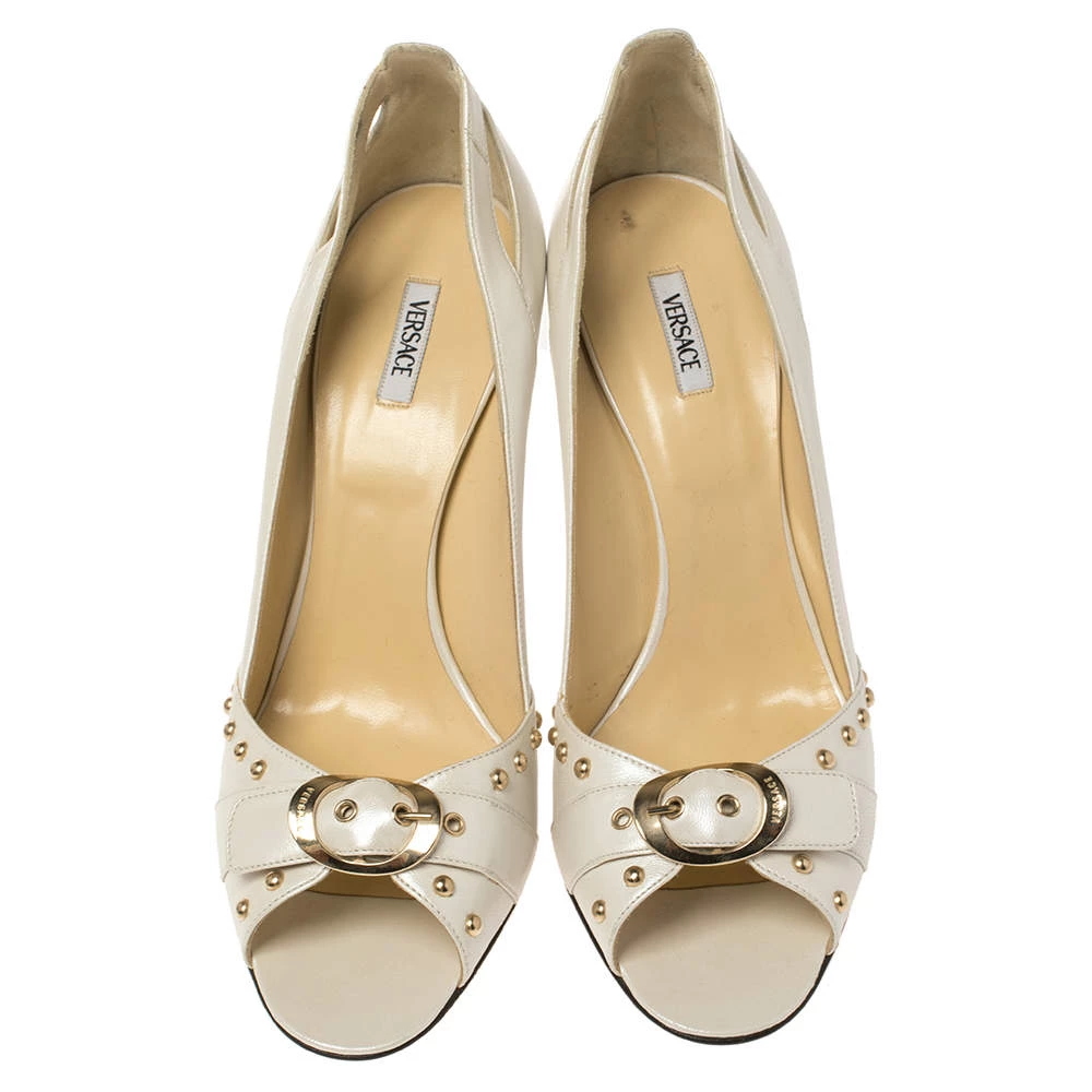 Versace White Leather Studded Buckle Detail Open Toe Pumps Size 41 For Women - Image 3