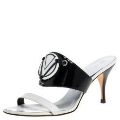 Versace White/Black Patent Leather And Leather Slide Sandals Size 38 For Women