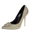 Versace Gold Glitter Fabric Medusa Pointed Toe Pumps Size 40 For Women
