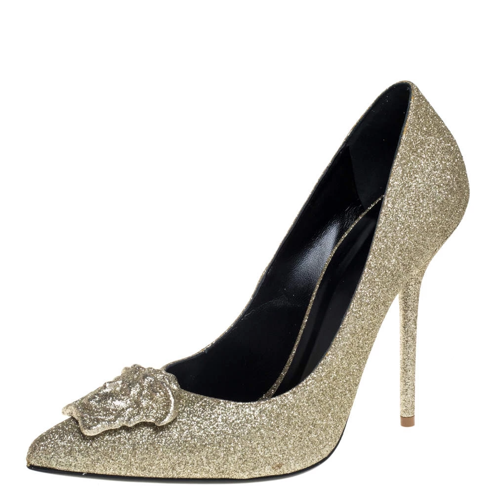 Versace Gold Glitter Fabric Medusa Pointed Toe Pumps Size 40 For Women