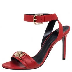 Versace Red Leather Medusa Embellished Ankle Strap Sandals Size 38 For Women