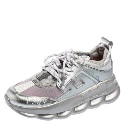 Versace Metallic Grey Mesh, Patent And Leather Chain Reaction Sneakers Size 41 For Men