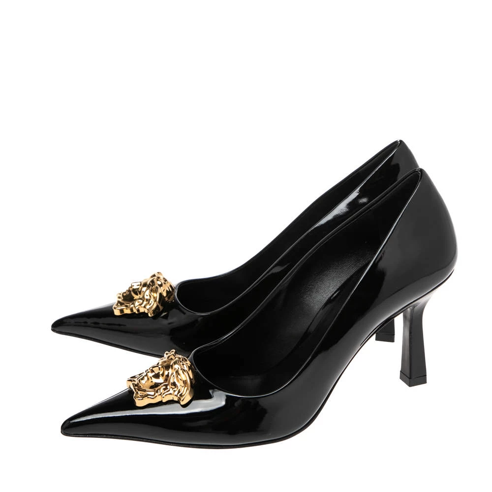 Versace Black Patent Leather Medusa Decollete Pointed Toe Pumps Size 37.5 For Women - Image 4