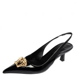 Versace Black Patent Leather Palazzo Medusa Slingback Pumps Size 39 For Women