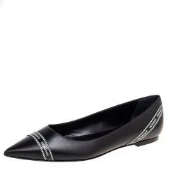 Versace Black Leather Logo Tape Detail Pointed-Toe Ballet Flats Size 41 For Women