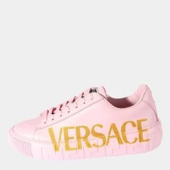 Versace Pink Leather Greca Logo Low Top Sneaker EU 38 For Women