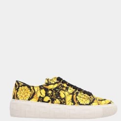 Versace Black/Yellow Leather/Rubber Baroque Pattern Print Low Top Sneakers Size EU 37 For Women