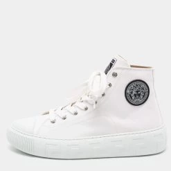 Versace White Canvas Greca Medusa Logo Patch High Top Sneakers Size 39 For Women