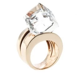 Versace Clear Crystal Cube Gold Tone Cocktail Ring Size 57 For Women