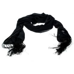 Versace Black Crystal Embellished Silk Georgette Tasseled Edge Scarf For Women