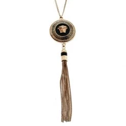 Gianni Versace Vanitas Crystal Enamel Medusa Gold Tone Tassel Pendant Necklace For Women