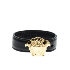 Versace Medusa Black Leather Gold Tone Bracelet For Women
