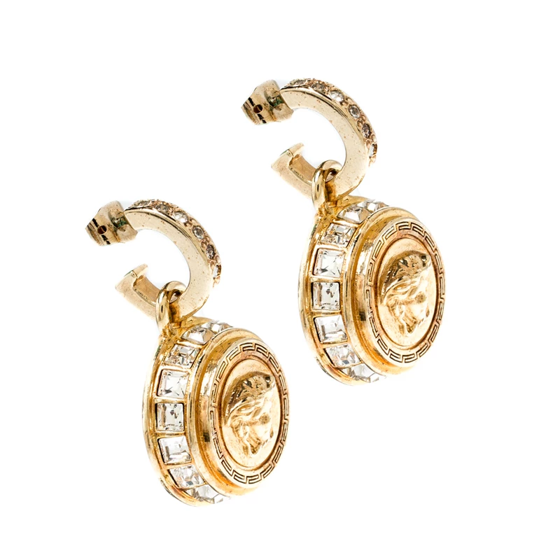 Versace Medusa Crystal Studded Gold Tone Drop Earrings For Women - Image 2