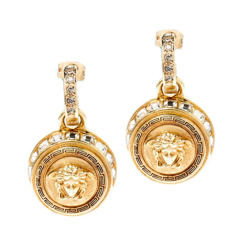 Versace Medusa Crystal Studded Gold Tone Drop Earrings For Women - Image 3