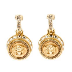 Versace Medusa Crystal Studded Gold Tone Drop Earrings For Women
