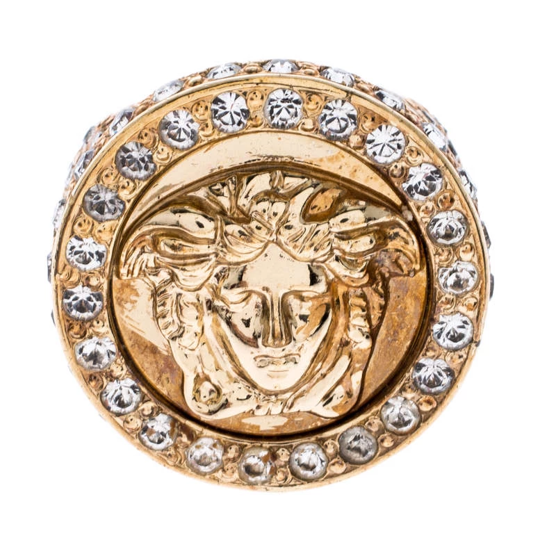 Versace Gold Tone And Crystal Studded Medusa Ring Size 54 For Women - Image 2
