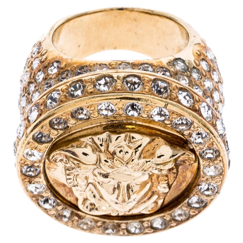 Versace Gold Tone And Crystal Studded Medusa Ring Size 54 For Women - Image 5