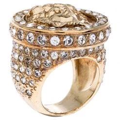 Versace Gold Tone And Crystal Studded Medusa Ring Size 54 For Women