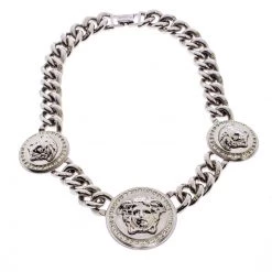 Versace Iconic Medusa Medallion Crystal Silver Tone Chain Link Statement Necklace For Women