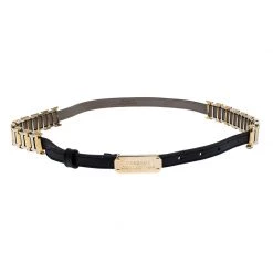 Versace Black Leather And Metal Detail Slim Logo Belt 95CM For Women