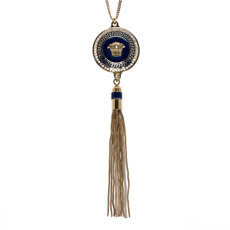 Versace Medusa Crystal Enamel Tassel Pendant Gold Tone Necklace For Women