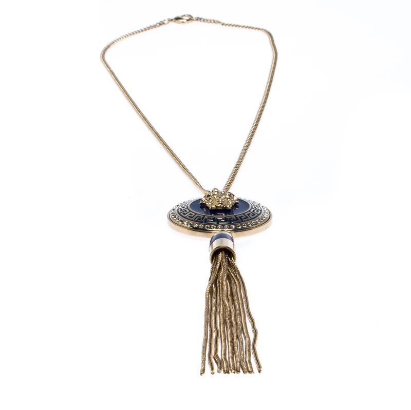 Versace Medusa Crystal Enamel Tassel Pendant Gold Tone Necklace For Women - Image 3
