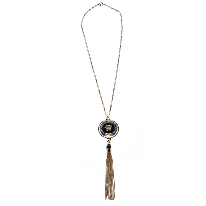 Versace Medusa Crystal Enamel Tassel Pendant Gold Tone Necklace For Women - Image 2
