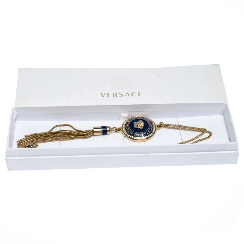 Versace Medusa Crystal Enamel Tassel Pendant Gold Tone Necklace For Women - Image 7