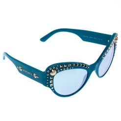 Versace Turquoise Blue/Silver Mirrored 4269 Studded Cat Eye Sunglasses For Women